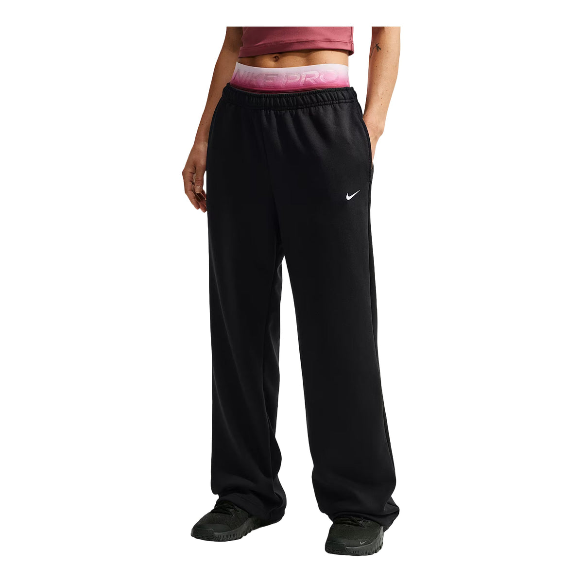 (WMNS) Nike Studio Fleece Sport Dri-FIT Mid-Rise Open-Hem Pants 'Black White' IR8161-010